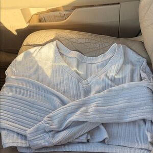 V-Neck Ribbed Long Sleeve Tee - White